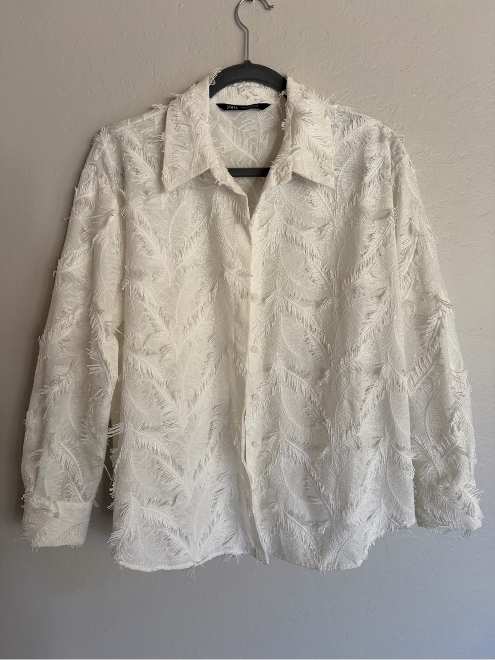 Zara white  Textured Fringe Shirt